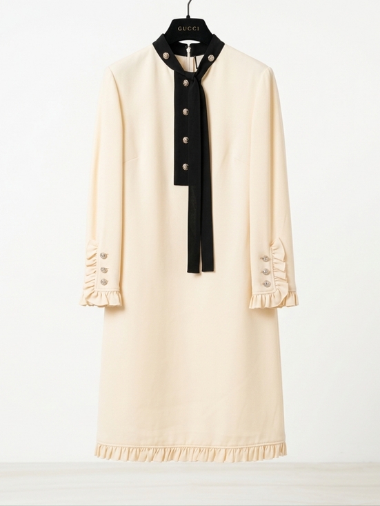 Gucci Cream Wool Long Sleeve Bow Tie Neck Dress Size 42 Italy - Picture 3 of 16
